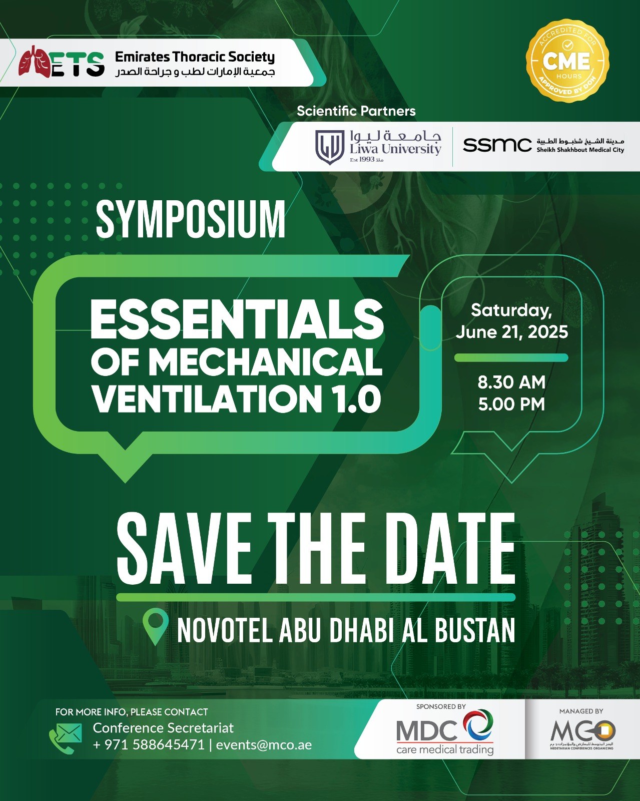 Essentials of Mechanical Ventilation 1.0 Symposium, Saturday June 21 2025, 8:30 AM - 5:00 PM, Novotel Abu Dhabi Al Bustan, Save the Date